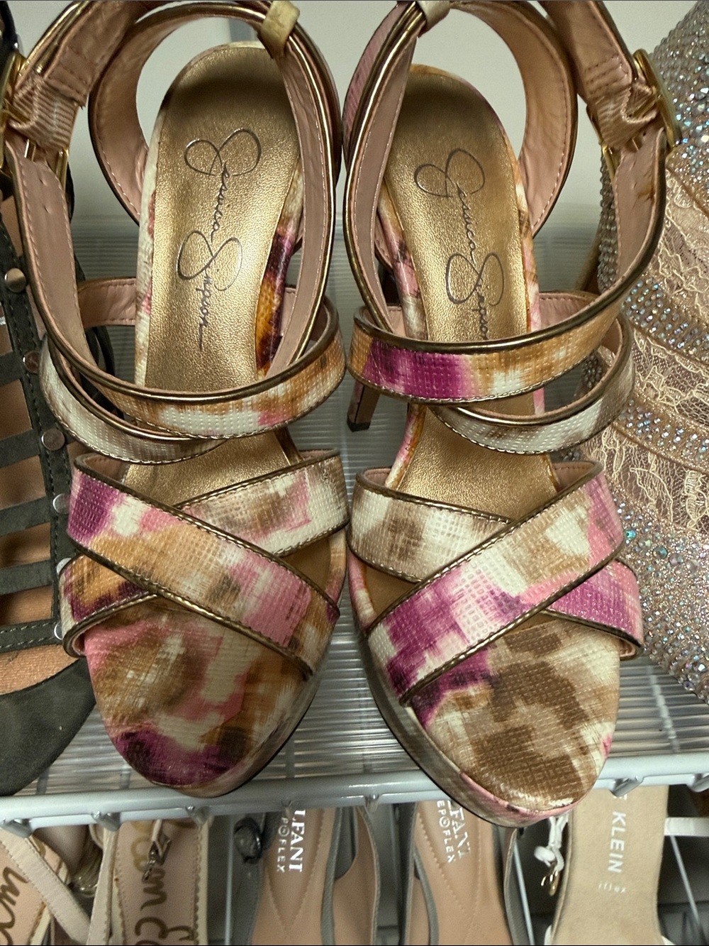 Jessica Simpson Pink and Brown Watercolor Strappy Heels 6B/36